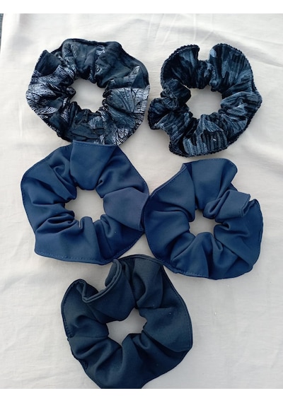 Büyük Boy Scrunchie Saç Tokası, Siyah Ve Lacivert, Kadife Ve Düz Kumaş, 5 Adet Diğer