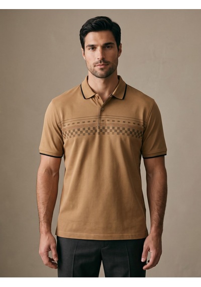 Maccali Erkek Camel Damalı Bantlı Polo Yaka Tişört