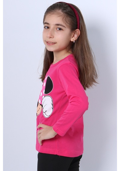 Hçm Kız Çocuk Uzun Kollu Tshirt 4 Mevsim Baskılı Bisiklet Yaka C43 Fuşya