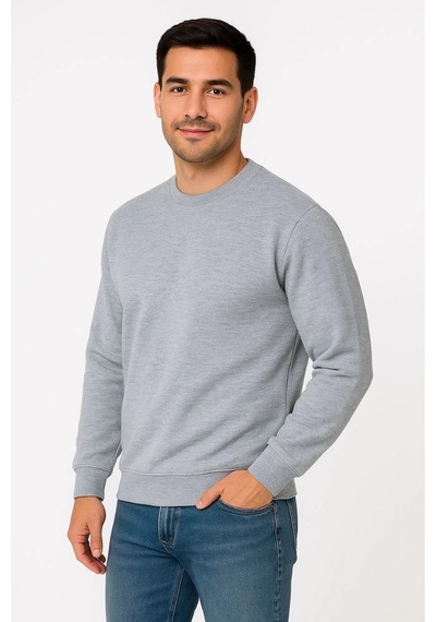 Erkek 3 İplik Pamuklu Düz Bisiklet Yaka Sweatshirt - Gri