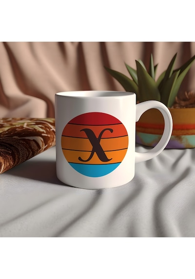 X Harfi Retro Renkli Kupa Bardak - Vintage Tarz Yuvarlak Harfli Kahve Kupası - Kişiye Özel Hediye Beyaz