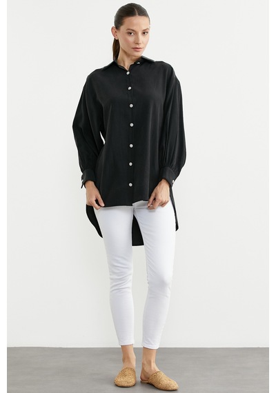 Sementa Tencel Arkası Uzun Oversize Gömlek - Siyah