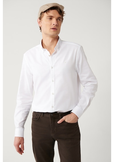 Avva Erkek Beyaz Gömlek Düğmeli Yaka Oxford %100 Pamuk Standart Fit Normal Kesim  B002034 Beyaz