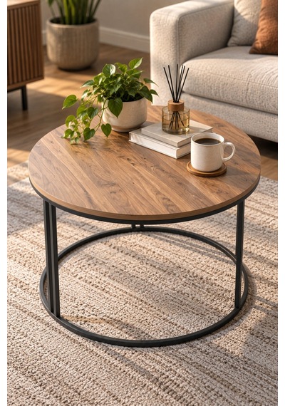Sulorahome Ceviz Desenli Yuvarlak Orta Sehpa Kahverengi 70 Cm
