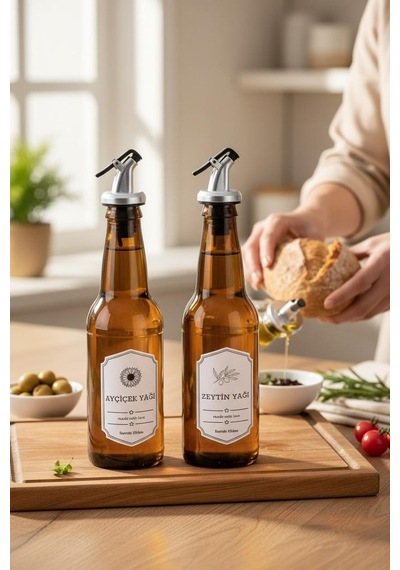 Cam Yağlık - 2 Li Pratik Kapaklı Yağlık 350 Ml. Yağdanlık Kahverengi