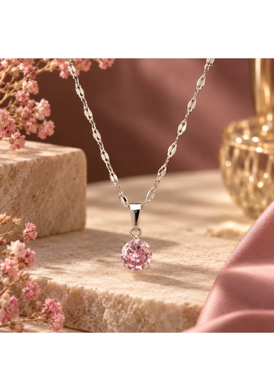 Pembe Zirkon Taşlı Çelik Kolye -şık Ve Kararmaz Kadın Takı Altın-pembe