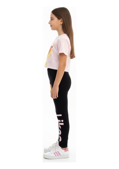 Toontoy Kids Toontoy Kız Çocuk Bisiklet Yaka Kısa Kollu Baskılı Crop Tişört - Beli Lastikli Basklı Tayt 11050 Pudra