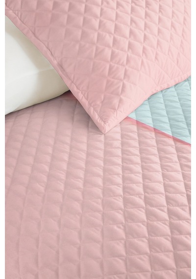 Pastel Geometrik Genç Odası Tek Kişilik Pike Takımı - Modern Pembe Mavi 160x220 Cm Yatak Örtüsü Dumanlı Örtü Solgunluğu