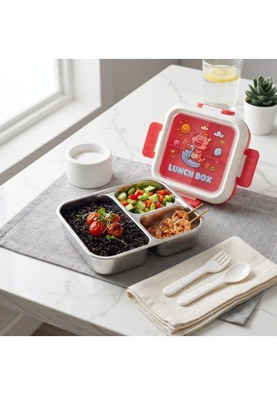 Paslanmaz Çelik 3 Bölmeli Kilitli Yemek Kabı 2000 Ml, Çatal Kaşık Dahil Renkli Desenli Lunch Box, Çelik İç Hazneli Saklama Ve Taşıma Kabı