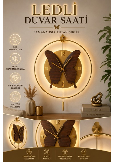 Tek Çember Tiktok Gold-ceviz - Kelebek - Pilli Ledli - Metal Duvar Saati