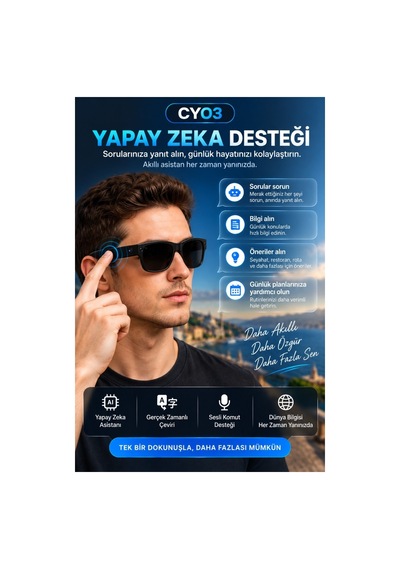 Cy03 Akıllı Kameralı Gözlük 8 Mp 1080p Video Kayıt Bluetooth Wifi Aı Çeviri Destekli