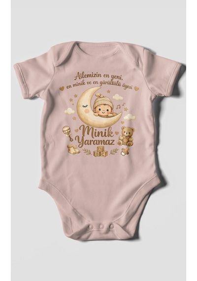 Morivokids Ailemizin En Yeni Yazılı Kısa Kollu Bebek Body %100 Pamuk Pastel Pembe