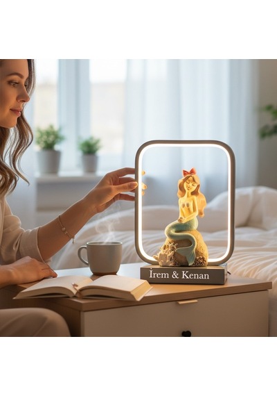 Kişiye Özel İsimli Deniz Kızı Figürlü Led Masa Lambası Modern Dekoratif Gece Lambası