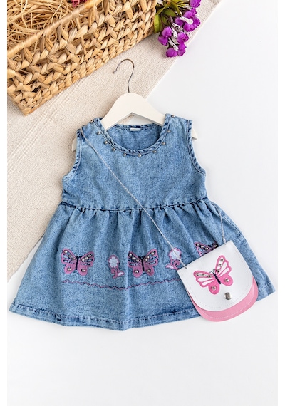 Babymod Kelebek İşlemeli Boncuklu Çanta Hediyeli Kız Bebek Kot Elbise Jean Jile Mavi Babymod Kelebek İşlemeli Boncuklu Çanta Hediyeli Kız Bebek Kot Elbise Jean Jile Mavi