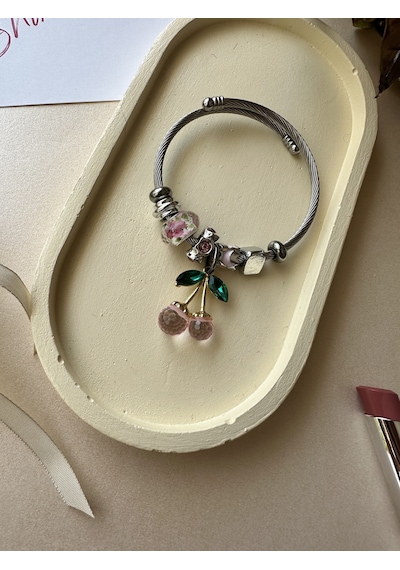 Pembe Kirazlı Gümüş Renk Çelik Charm Bileklik Çok Renkli