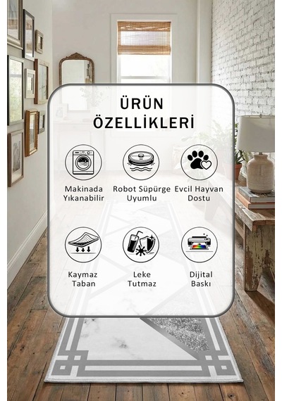 Klasik Silver Yıkanabilir Yolluk Açık Gri