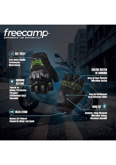 Freecamp Power Yarım Parmak Motosiklet Eldiveni En 13594:2015 Siyah/yeşil Siyah - Yeşil