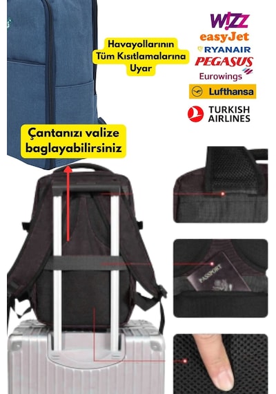 Jet Turtle Seyahat Sırt Çantası 40cm 40x25x15 Cm Pegasus, Wizz Air, Ryanair, El Valizi Koltuk Altı Valizi Mavi Kanvas