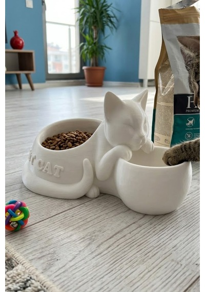 Kedi Figürlü Mama Kabı Çift Hazneli Dekoratif Mama Ve Su Kabı 25 Cm