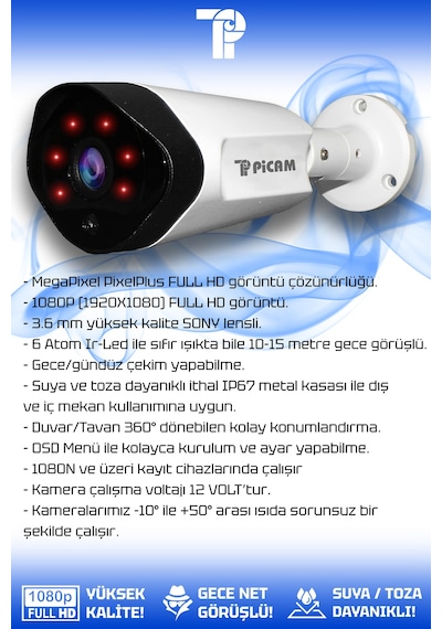 Picam 6 Kameralı Uzay 3 İç Kamera Set HDD'siz Full HD Gece Görüşlü Güvenlik Kamerası Sistemi