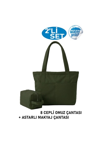Tuttobene 2li Set Omuz Çantası Ve Makyaj Çantası Su Geçirmez Çok Gözlü Organizatör Haki