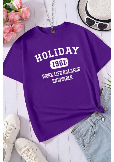 Unisex Holiday Baskılı Tasarım Tshirt Mor
