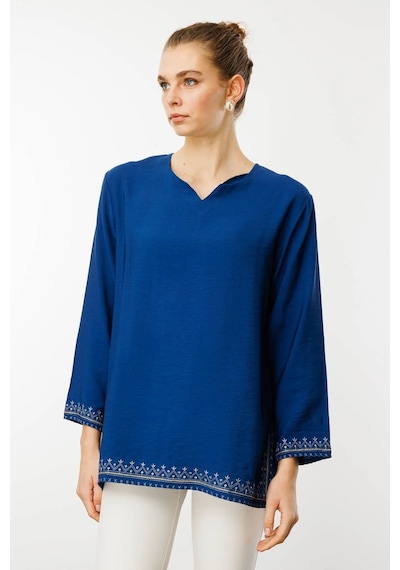 Desen Triko Kadın Kolu Ve Eteği Yırtmaçlı Eteği Nakışlı Bluz 25775 Indigo Indigo