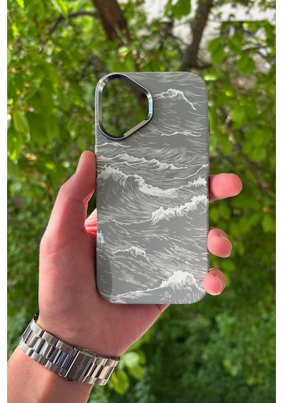 Apple iPhone Uyumlu 17 Deniz Dalgası Desenli Soft Dokulu Karbon Fiber Magsafe Kılıf Gri