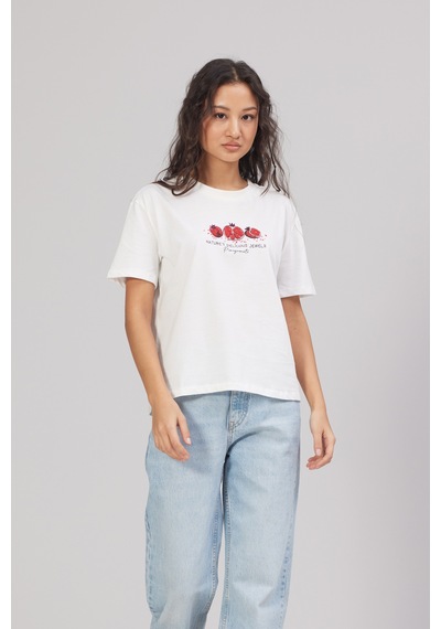 Nisan Nar Baskılı Pamuklu Bisiklet Yaka T-shirt Ekru