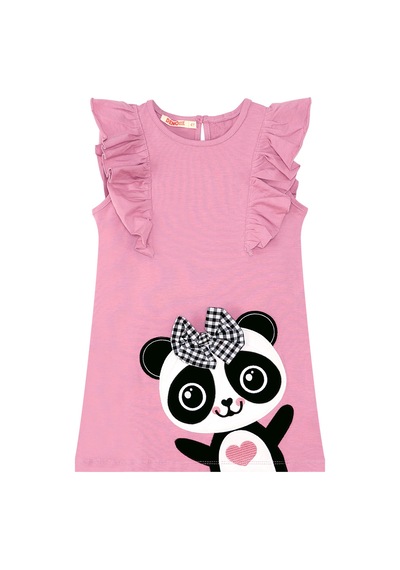 Panda Fırfır Detaylı Kız Çocuk Pembe Yazlık Elbise