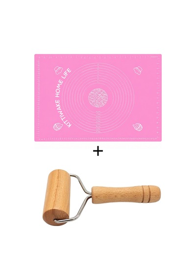 2 Li Pembe Silikon Hamur Açma Matı 45x65 Cm Ve Ahşap Saplı Silindir Hamur Açıcı 19 Cm Diğer
