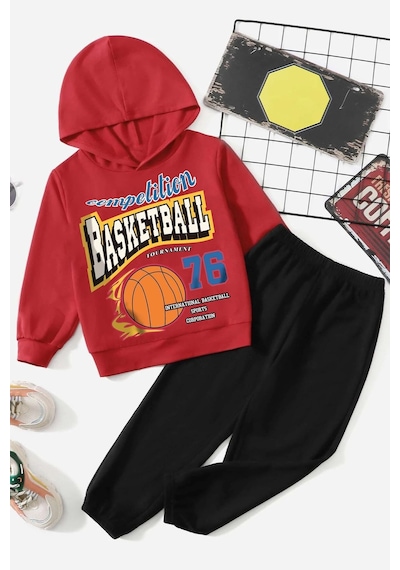 Uyguntarz Basketball Baskılı Çocuk Rahat Eşofman Takımı Kırmızı