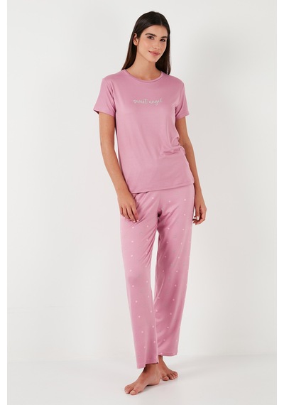 Lela Regular Fit Bisiklet Yaka Kısa Kollu Bayan Pijama Takımı 65750107 Pudra