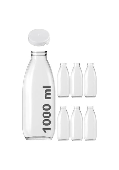 1000 Ml Şeffaf Sürahi Süt, Ayran, Su, Limonata, Meşrubat Şişesi 1000 Cc Yırtmalı Kapaklı Cam Şişe 6 Adet 6,