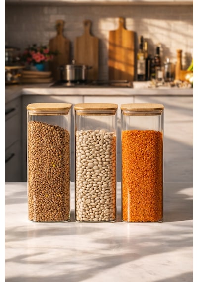 Porsima 7-3 Bambu Vakumlu Kapaklı Kare Borsilikat Cam 3lü Kavanoz Seti Saklama Kabı 1900ml 9,5x27cm Ahşap - Şeffaf