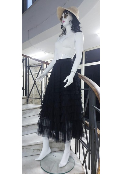 Bohem Stil Özel Tasarım Kabarık Tüllü Cindy Astarlı Etek 100 Cm -8902 Siyah