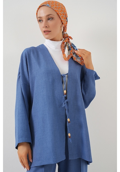 Bigdart Kadın Keten Kimono İkili Takım 6727 - İndigo