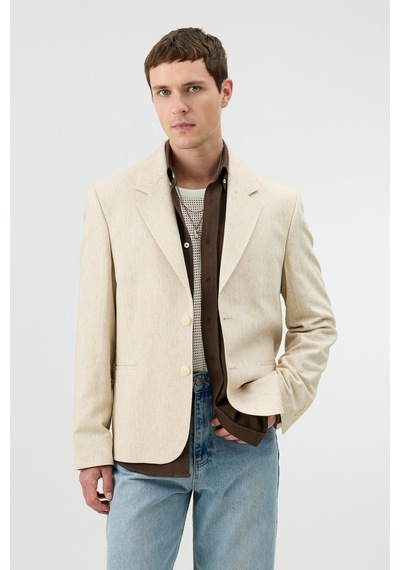 Antioch Keten Karışımlı Balıksırtı Desenli Erkek Blazer Ceket Natur