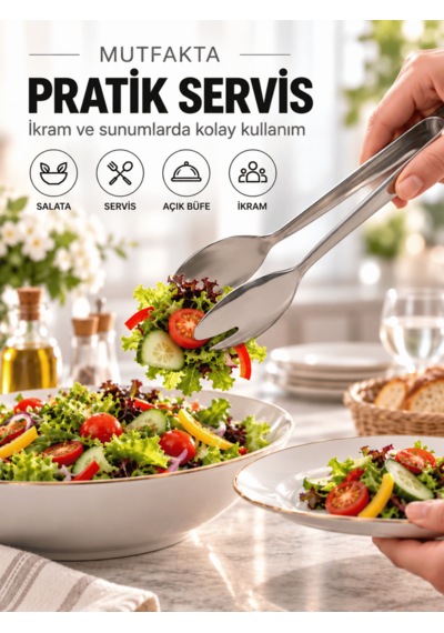 Beylini Paslanmaz Çelik Salata Maşası Kaşık Çatal Uçlu Servis Maşası Sunum Maşası Açık Büfe Mutfak Maşası