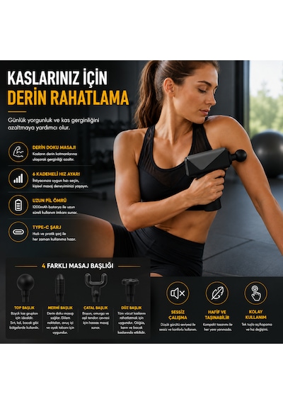 Şarjlı Masaj Tabancası 6 Kademeli Type-c Şarjlı Sessiz Kas  Masaj Aleti 4 Başlıklı Derin Doku Masaj Cihazı Gri - Siyah