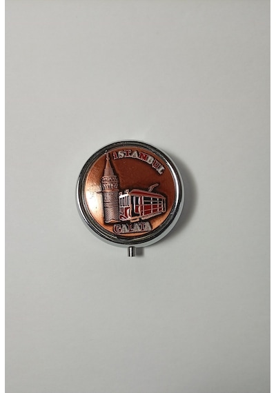 Mini Taşınabilir Cep Küllüğü Bakır Rengi - Çanta Küllüğü 5cm - İstanbul Galata Desenli Kapaklı Metal Mini Kül Tabağı