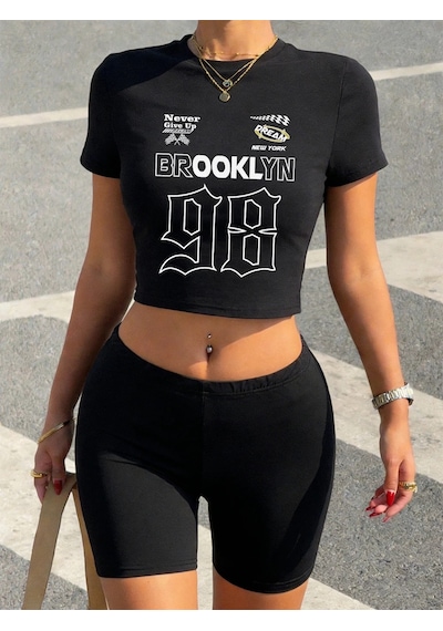 Tarzsokak Trend Brooklyn New York 98 Numara Baskılı Babby Teetişört Ve Şort Kadın İki Parça Takım Üst Panto Siyah