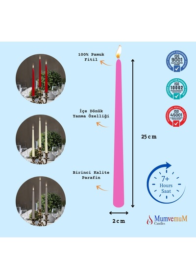 24 Lü Fuşya Konik Şamdan Mum Pembe