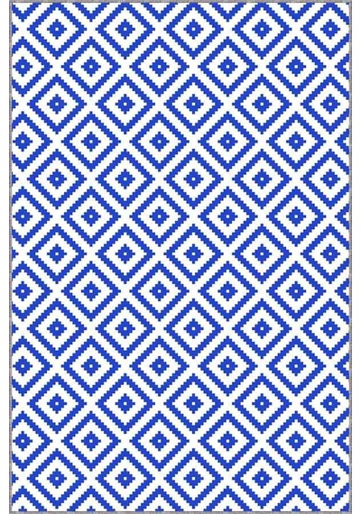 Saks Mavi Karo Desen Kaymaz Tabanlı Dekoratif Halı Kr003n11