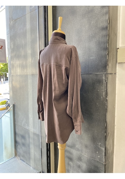Pera Moda Yakası Taşlı Modal Kumaş Oversize Kadın Gömleği Kahverengi