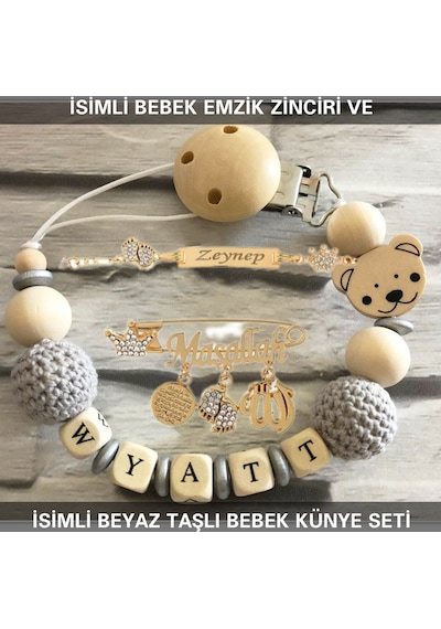 Sahi Aksesuar İsimli Bebek Emzik Zinciri Ve İsimli Bebek Künye Seti Bezyı702 Bej - Mavi