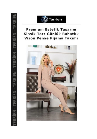 Terrien Premium Estetik Tasarım Klasik Tarz Günlük Rahatlık Vizon Penye Pijama Takımı