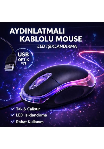 Koodmax Usb Optik Mouse 800 Dpı - Led Aydınlatma - Kablolu Maus - Işıklı W0015-n8-50adet