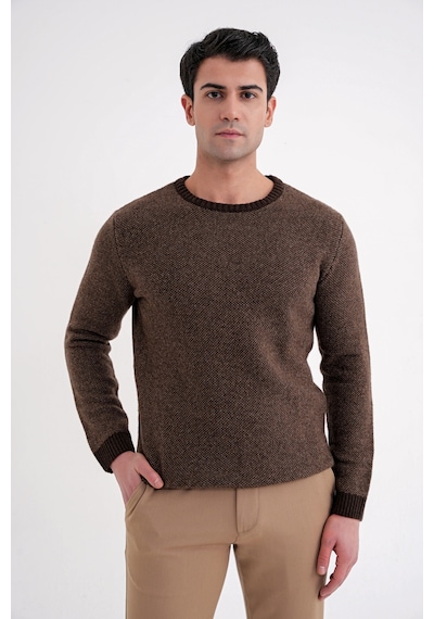 Slim Fit Renkli Ribanalı Kahverengi Vizon Yünlü Bisiklet Yaka Triko Kazak Tr 890 Kahverengi-vizon