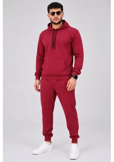 Defymoda Erkek İki İplik Kapüşonlu Kanguru Cepli Sweatshirt Jogger Pantolon Alt Üst Eşofman Takımı -bordo